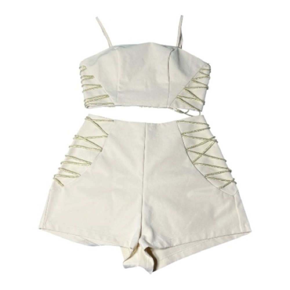 Saint + Secrets 2 piece cream & gold metallic accent  crop top short set size 8
